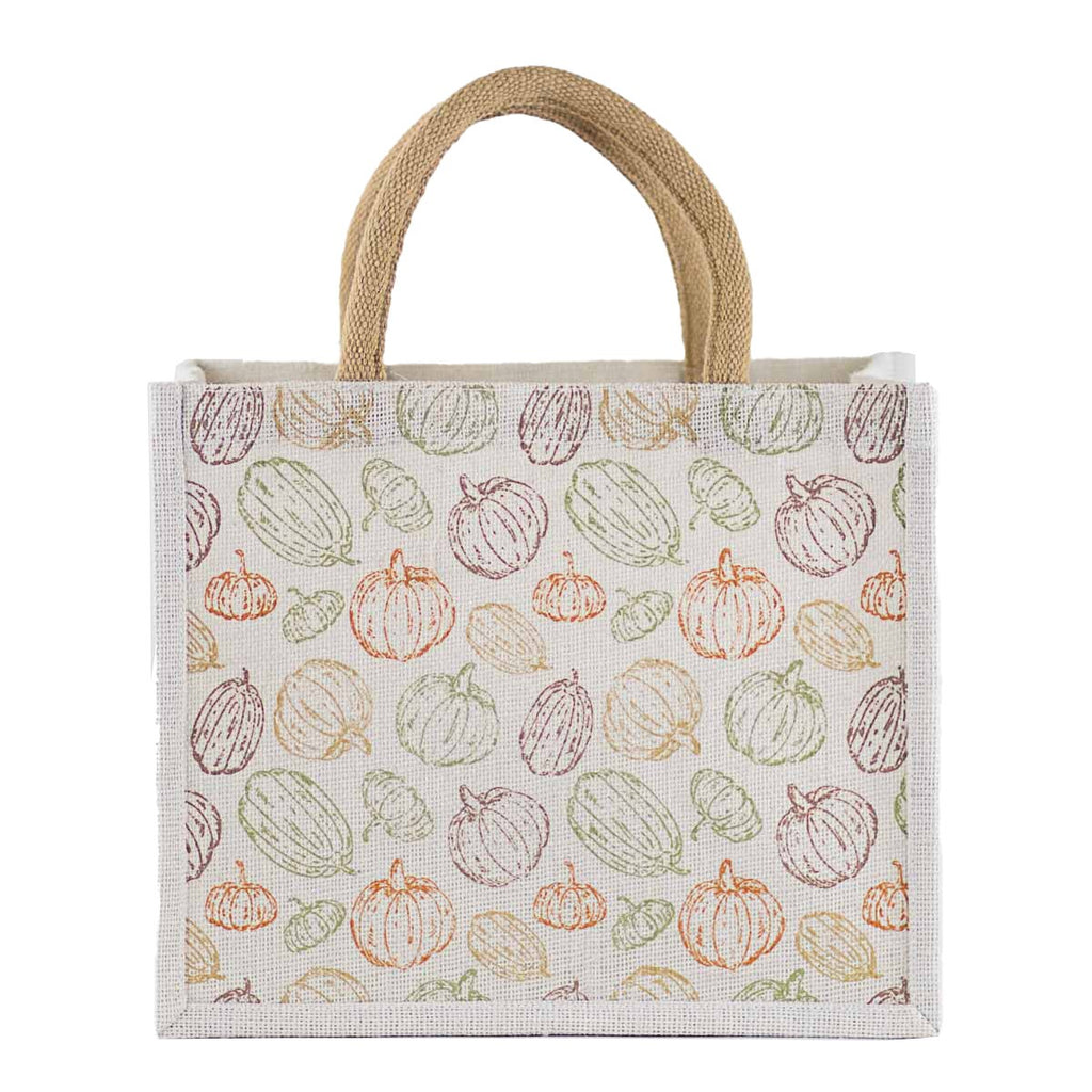jute cream tote bag with purple green yellow and orange pumpkins