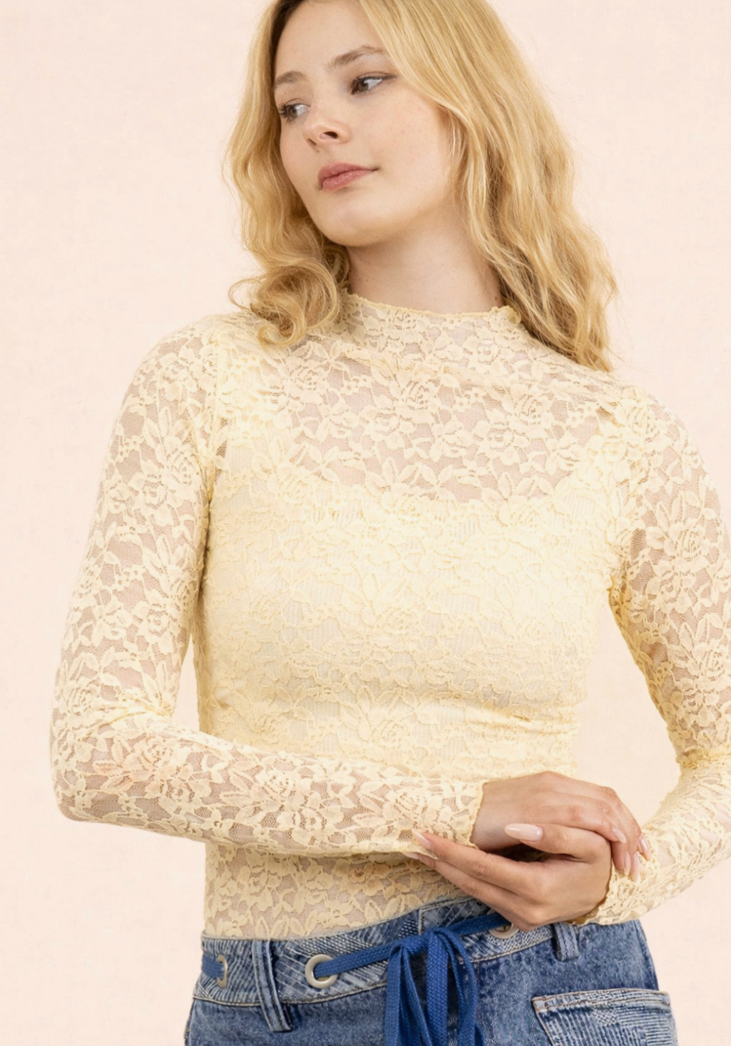Hailey – High Neck Sheer Mesh Lace Top - Butter Yellow – Moonshine