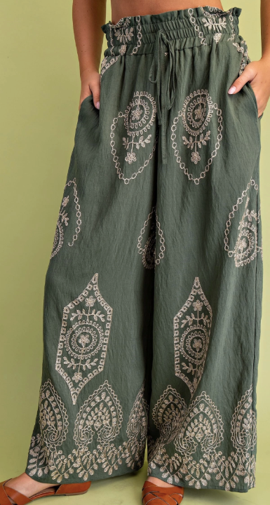 Olive wide-leg pants with metallic embroidery, smocked drawstring waistband, and side pockets