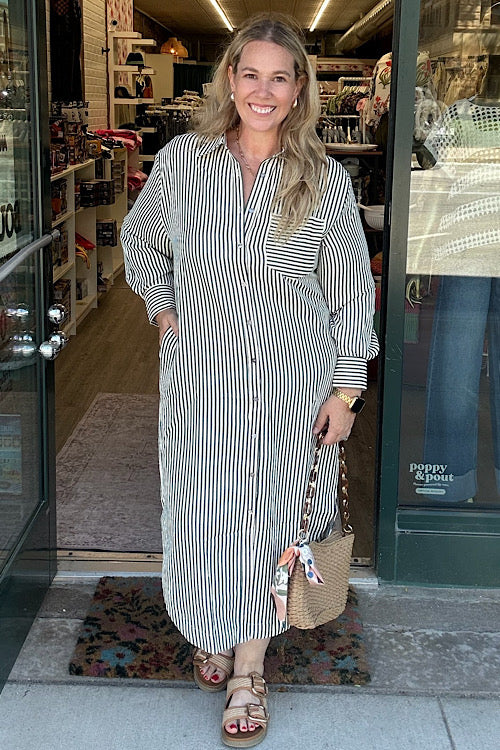 Zara – Textured Stripe Long Sleeve Midi Shirt Dress in Hunter Green