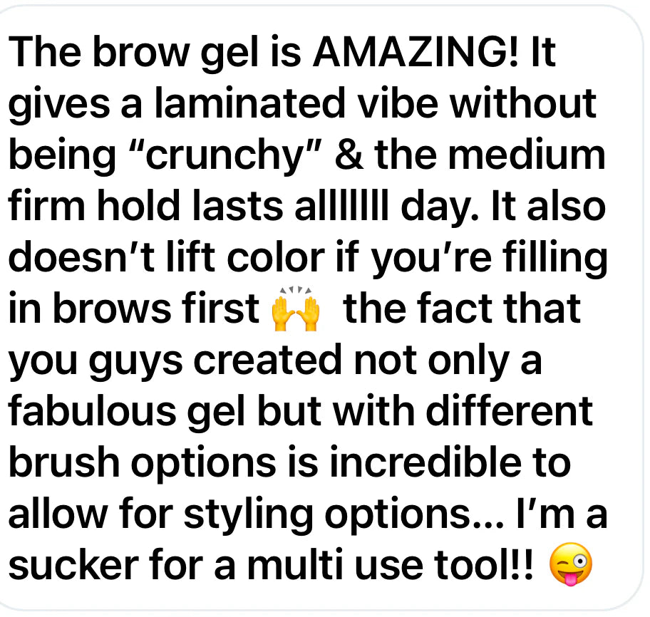 Product review text for brow gel on a white background