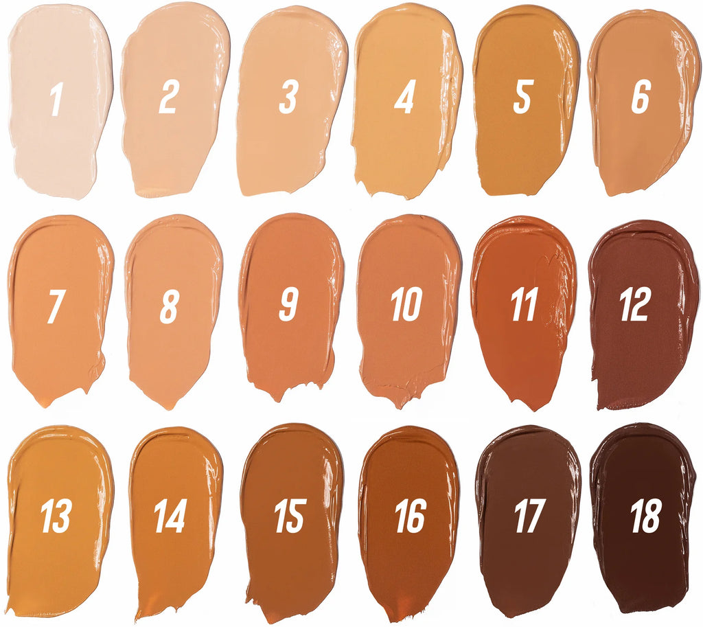 Set of 18 swatches of brown shades with numbers on a white background