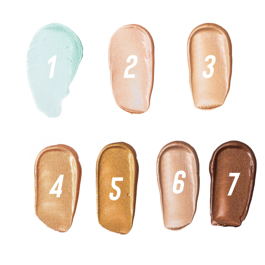 Seven swatches of different makeup shades on a white background