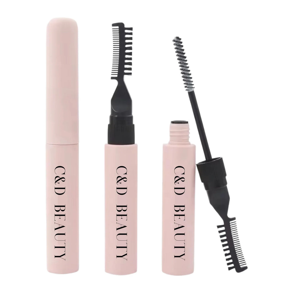C&D Beauty eyebrow grooming set with two pink handles and black brushes on a white background