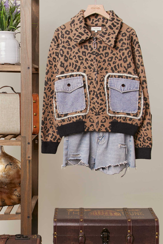 Brown leopard knit zip-up jacket with oversized denim patch pockets and ribbed trim.