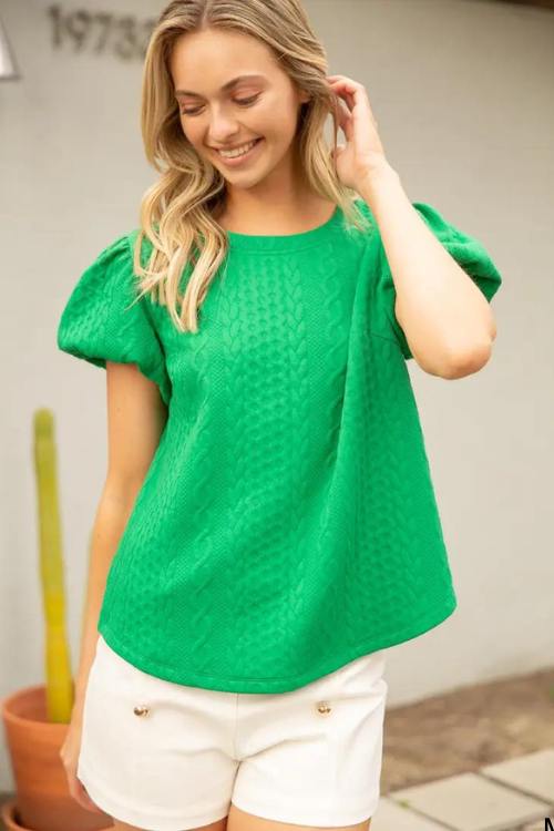 green bubble cap sleeve textured knit trendy top for women