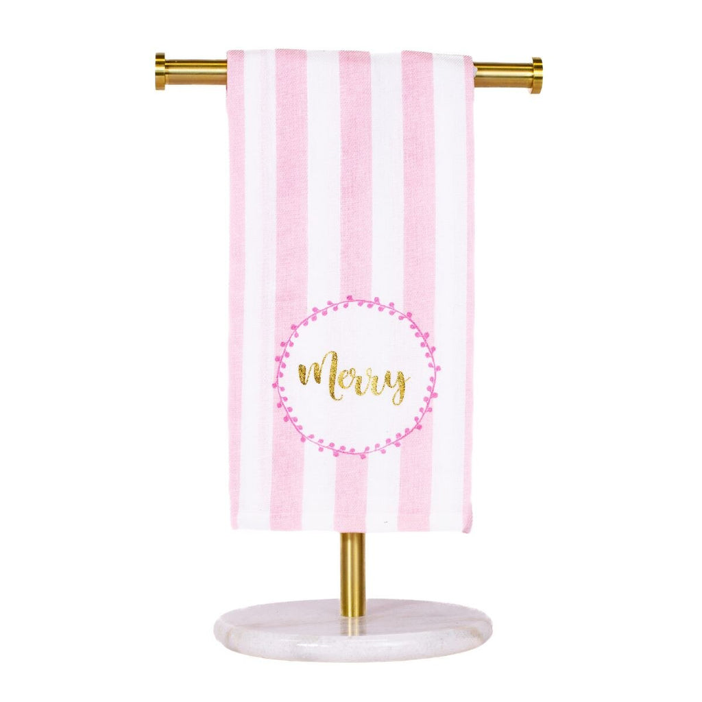 Pink and white striped cotton hand towel with gold “Merry” script and pink stitched border, festive holiday kitchen or bathroom linen.
