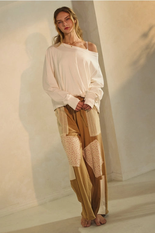patchwork pants, wide-leg lounge pants, boho drawstring pants, floral panel pants, cottagecore style, cozy casual trousers