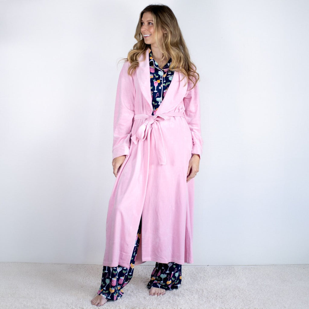 Classic Harbin Robe by The Royal Standard in blush pink, long plush wrap robe with tie belt and shawl collar, cozy loungewear.
