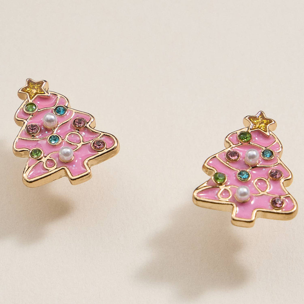 Pink enamel Christmas tree stud earrings with rhinestones, pearls, and gold star toppers.