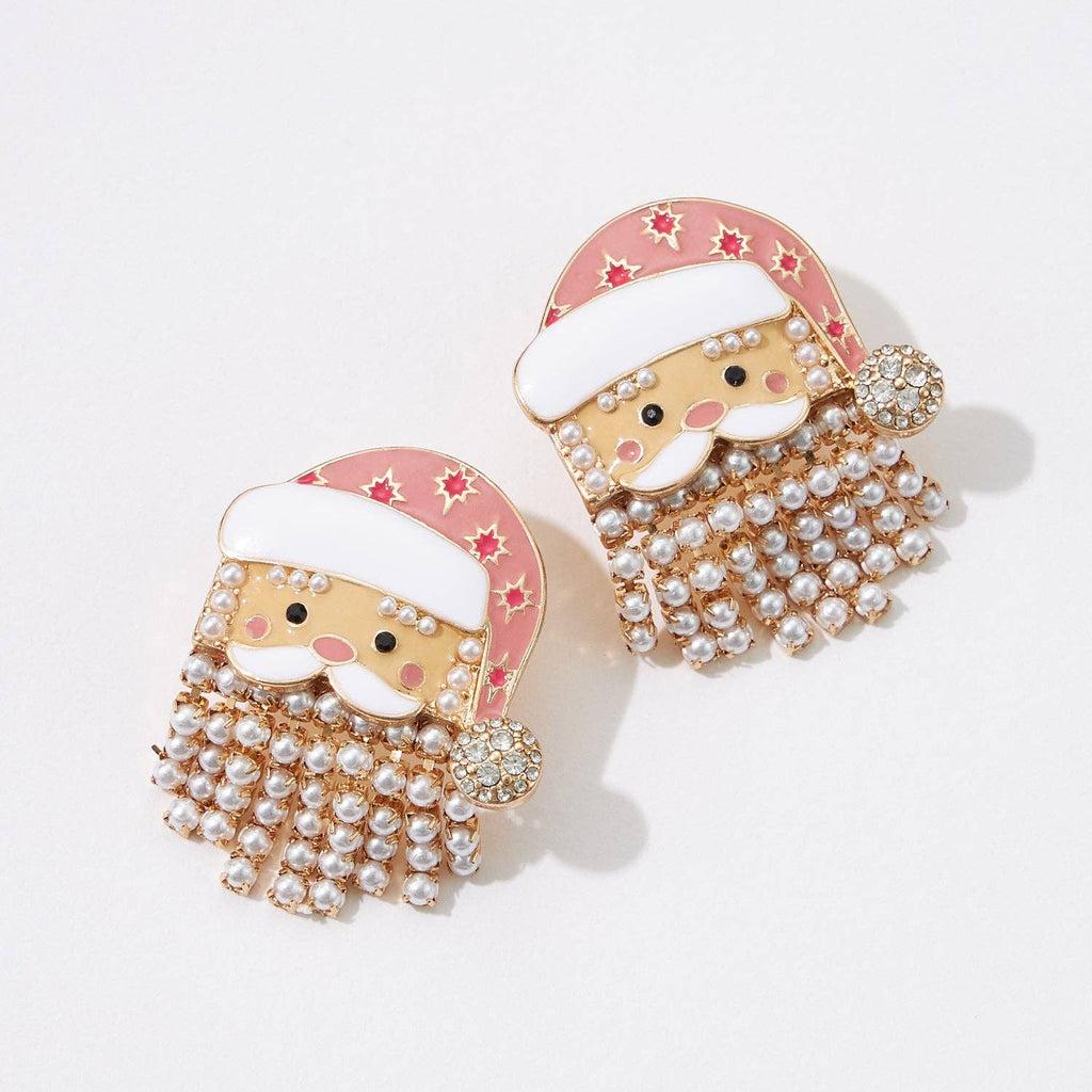 Pink-hat Santa earrings with pearl fringe beard and rhinestone accents.