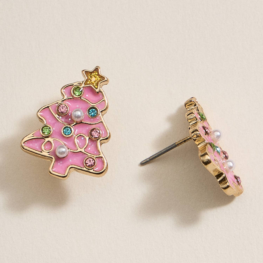 Pink enamel Christmas tree stud earrings with rhinestones, pearls, and gold star toppers.