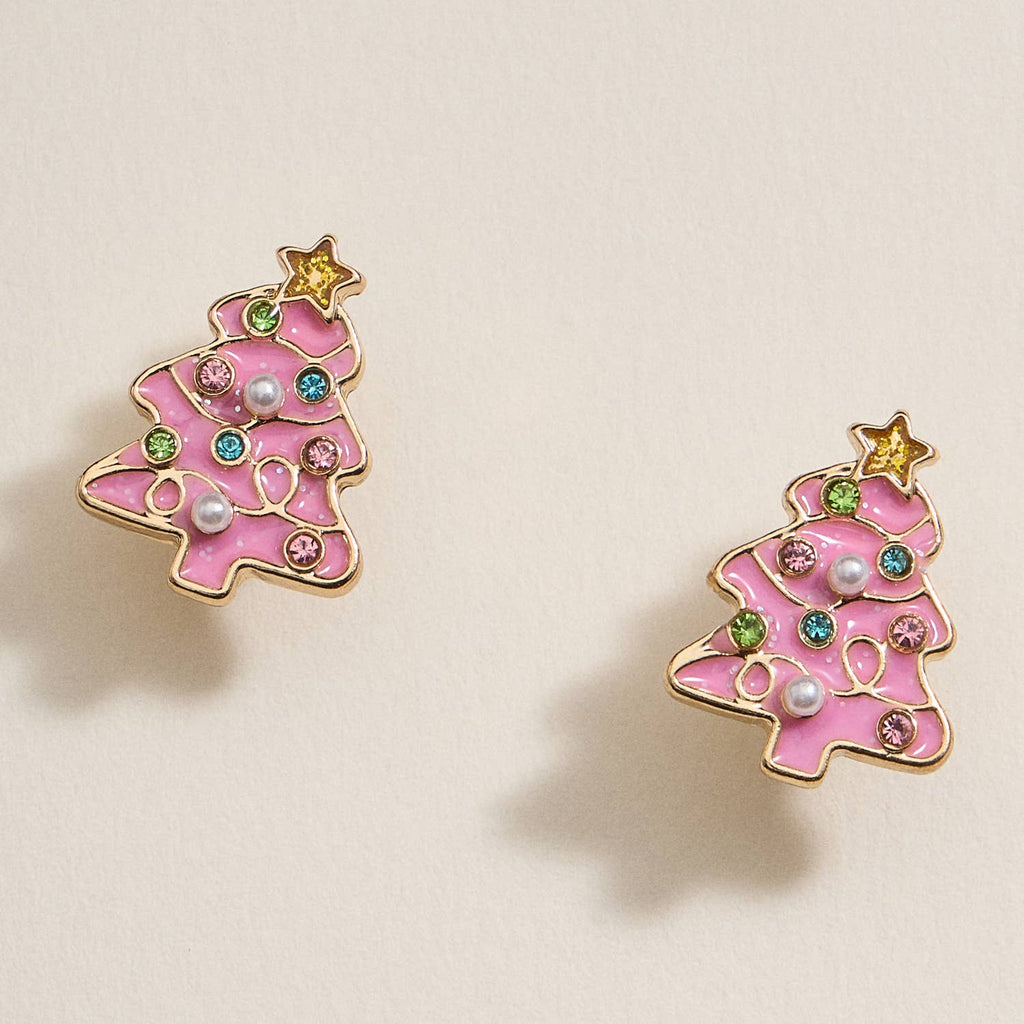 Pink enamel Christmas tree stud earrings with rhinestones, pearls, and gold star toppers.