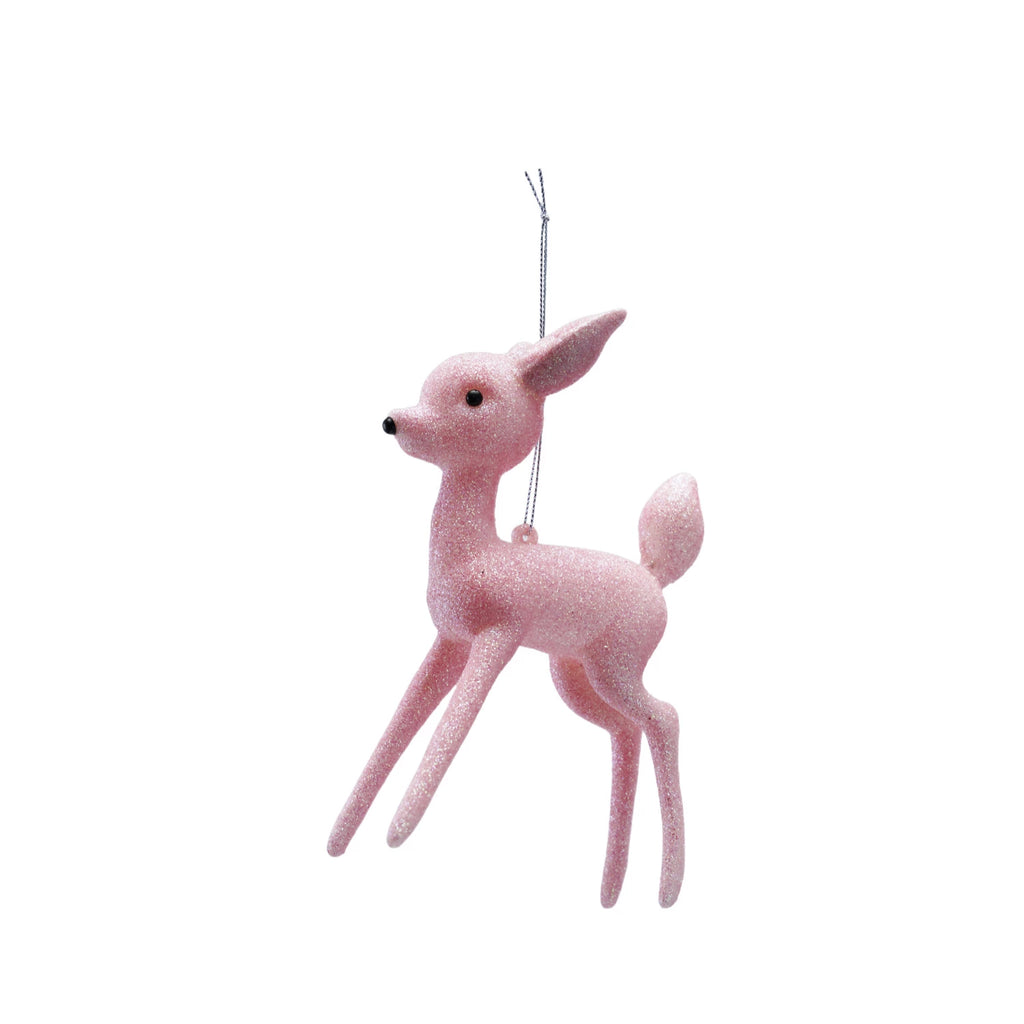 Pink glitter deer ornament, 6.5" tall, with hanging loop, whimsical pastel holiday decoration.