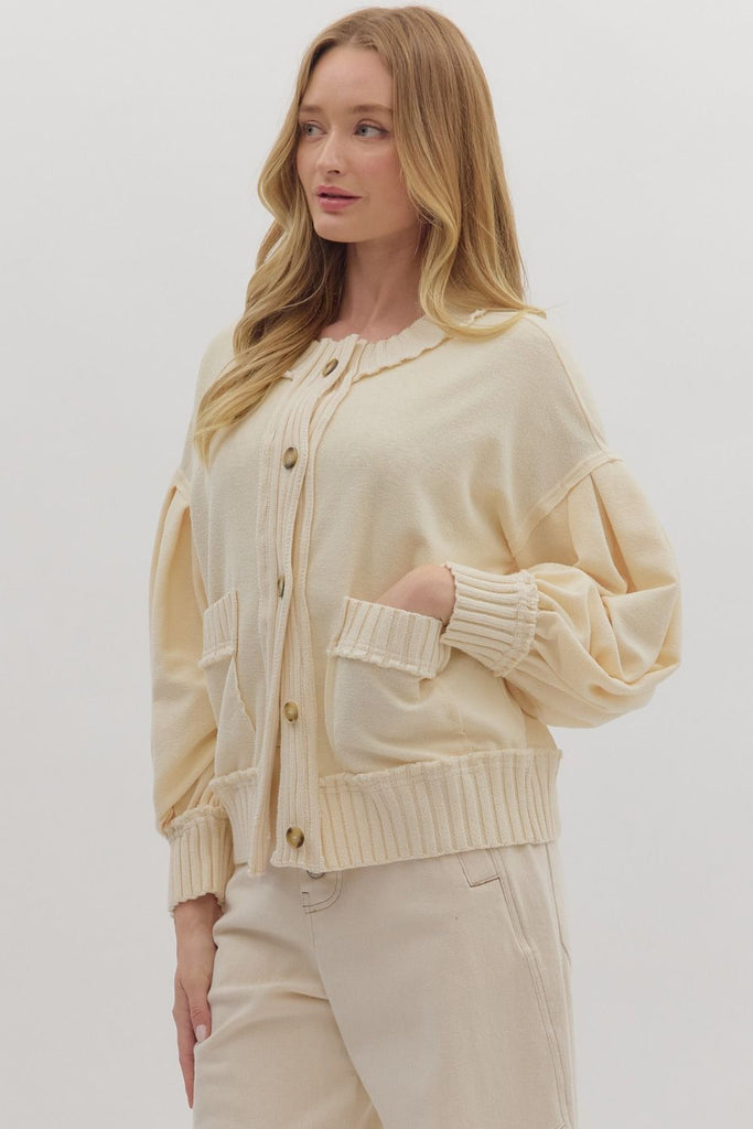 cream knit cardigan, ribbed cardigan, button-up sweater, raw edge knitwear, medium weight fall cardigan, cozy neutral layering piece