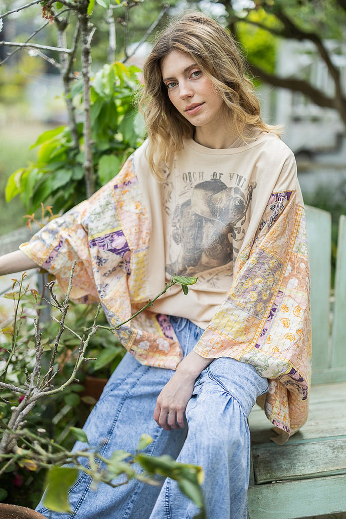 Rowena Upcycled Patchwork Graphic Top featuring mixed floral sleeves, western boot graphic, oversized mineral-washed cotton design.