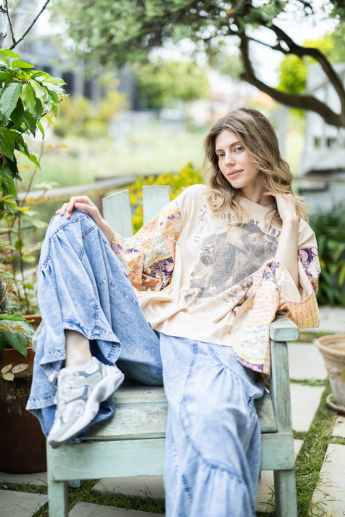 Rowena Upcycled Patchwork Graphic Top featuring mixed floral sleeves, western boot graphic, oversized mineral-washed cotton design.