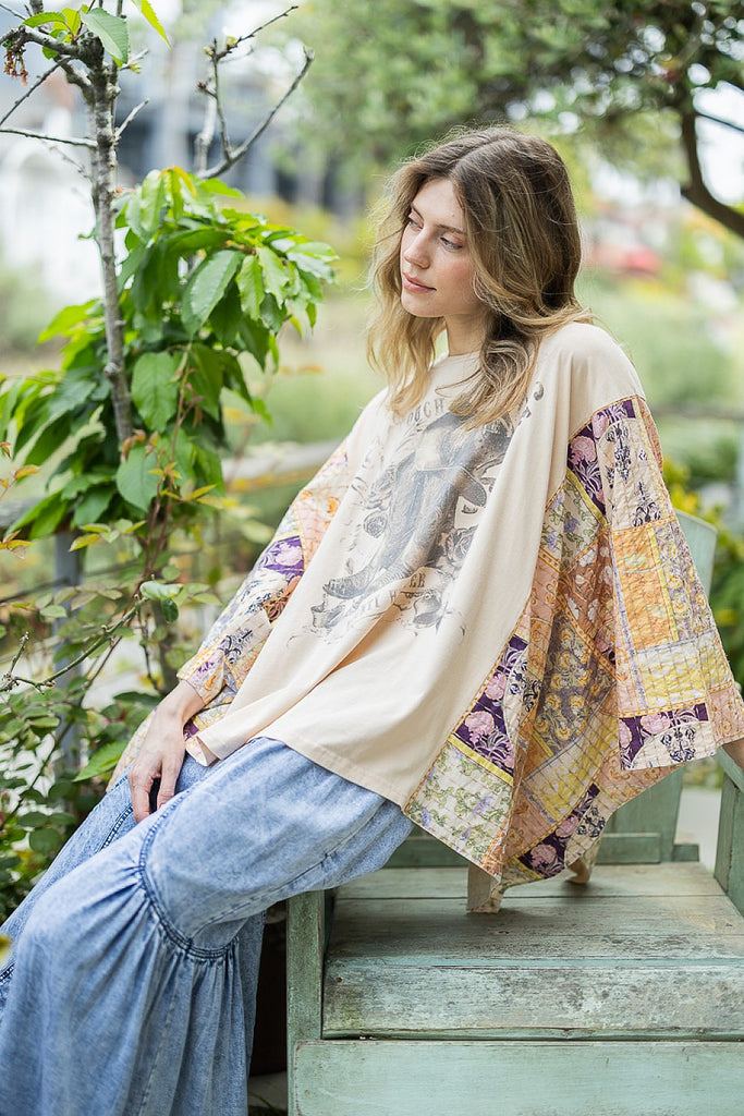 Rowena Upcycled Patchwork Graphic Top featuring mixed floral sleeves, western boot graphic, oversized mineral-washed cotton design.
