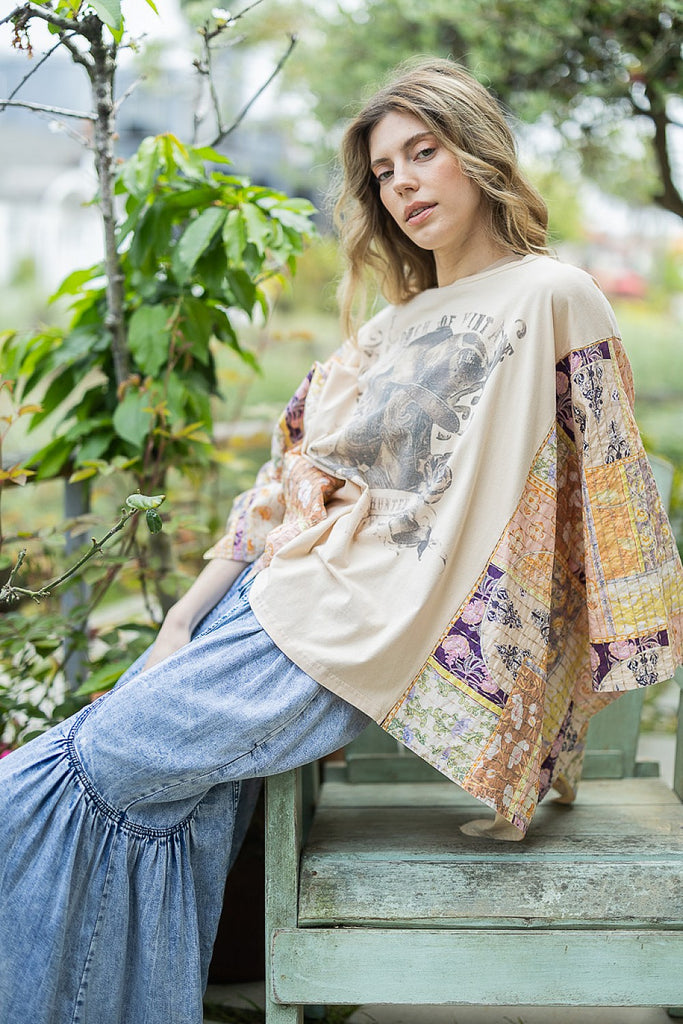 Rowena Upcycled Patchwork Graphic Top featuring mixed floral sleeves, western boot graphic, oversized mineral-washed cotton design.