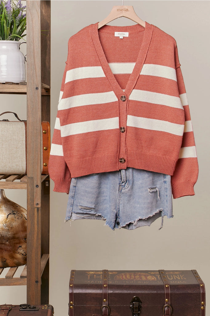 Rust and cream striped button-front cardigan with relaxed fit and ribbed details