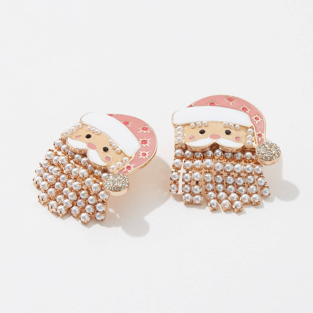Pink-hat Santa earrings with pearl fringe beard and rhinestone accents.