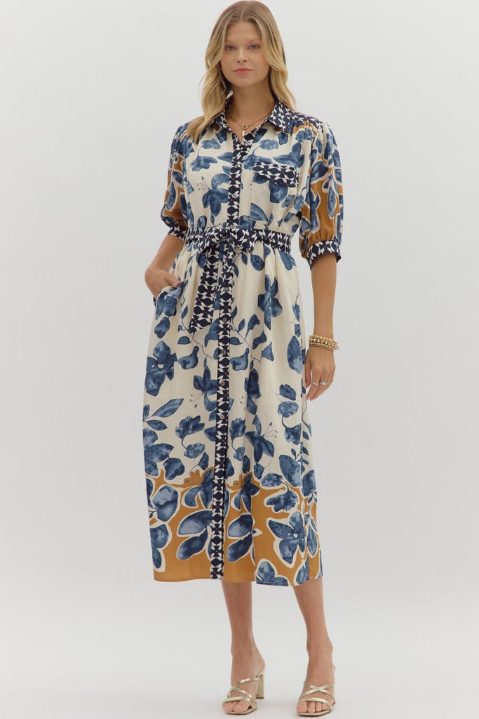 Botanical print midi shirt dress with ¾ sleeves, contrast band collar, button front, removable belt, and side pockets