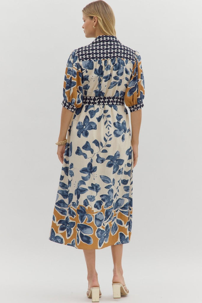 Botanical print midi shirt dress with ¾ sleeves, contrast band collar, button front, removable belt, and side pockets