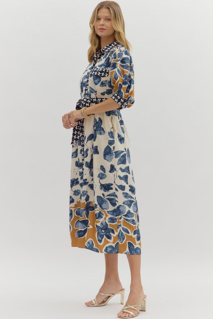 Botanical print midi shirt dress with ¾ sleeves, contrast band collar, button front, removable belt, and side pockets