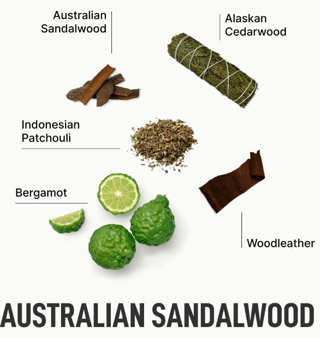 Collection of Australian sandalwood and related items on a white background