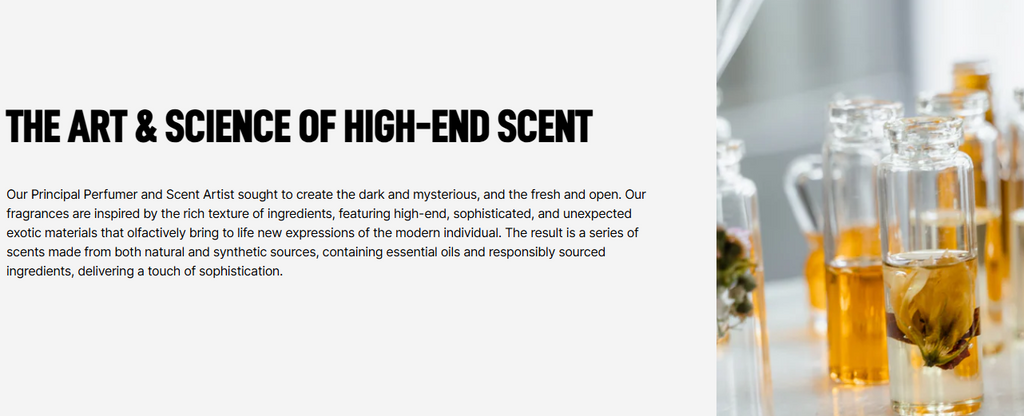 Text about high-end scents with a close-up of perfume bottles on a white background.