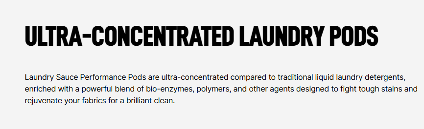Advertisement for ultra-concentrated laundry pods with text on a white background