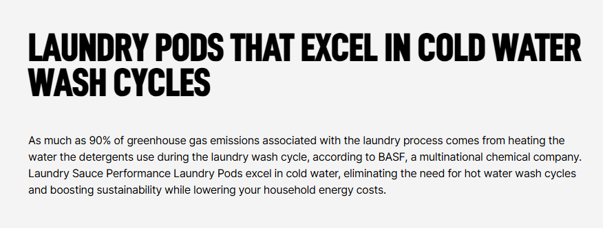 Text about laundry pods that excel in cold water wash cycles on a white background