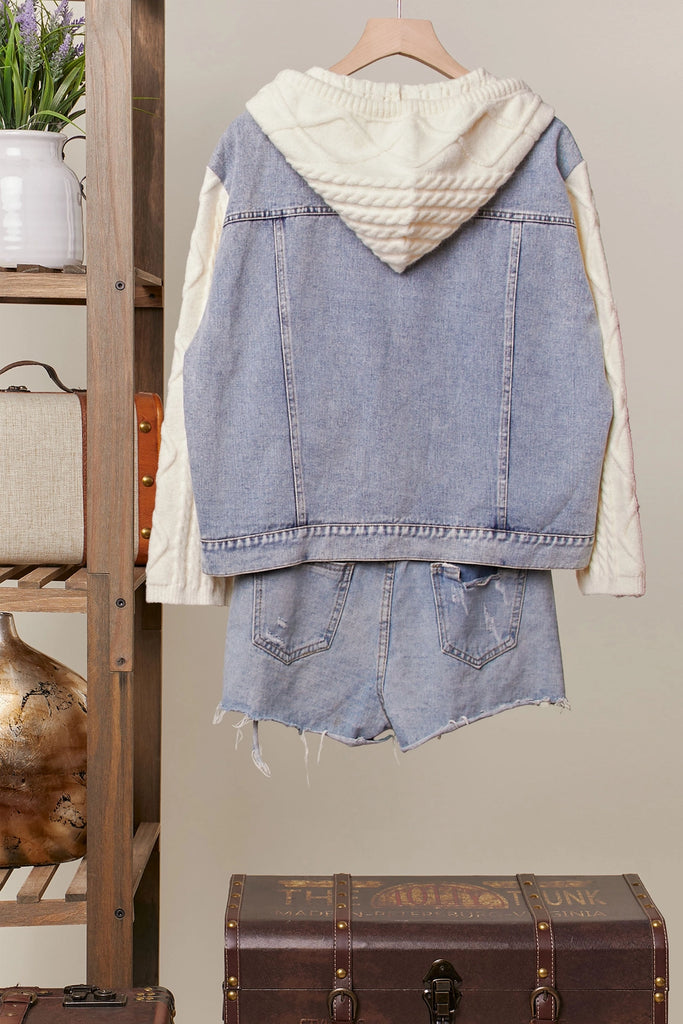 Seraphina knit sleeve denim jacket from Mello, featuring a light wash denim body with an attached knit hood and cream-colored cable-knit sleeves