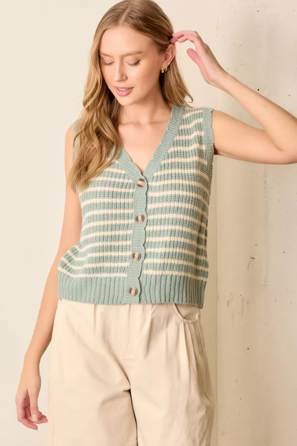 Striped sweater vest with scalloped edges 