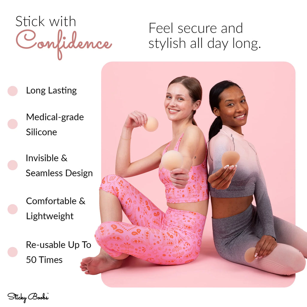 Two women sitting on a pink mat holding silicone products with text highlighting features on a pink background.