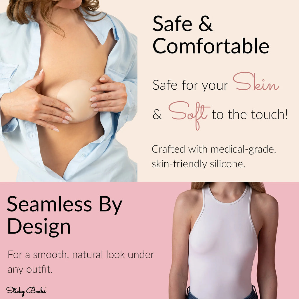 Product advertisement for a silicone breast form with text about safety, comfort, and design.
