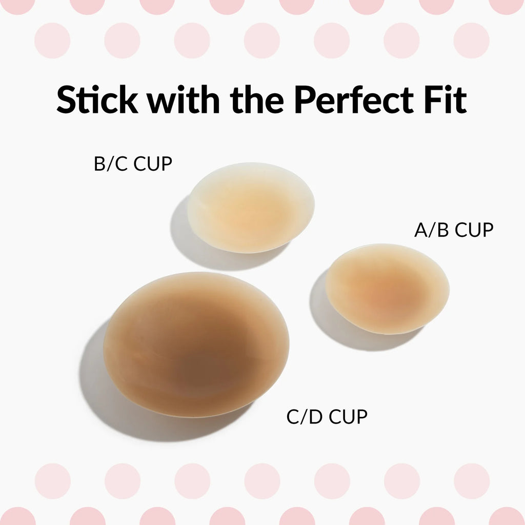 Three silicone gel cups labeled for different cup sizes on a white background with pink polka dots.