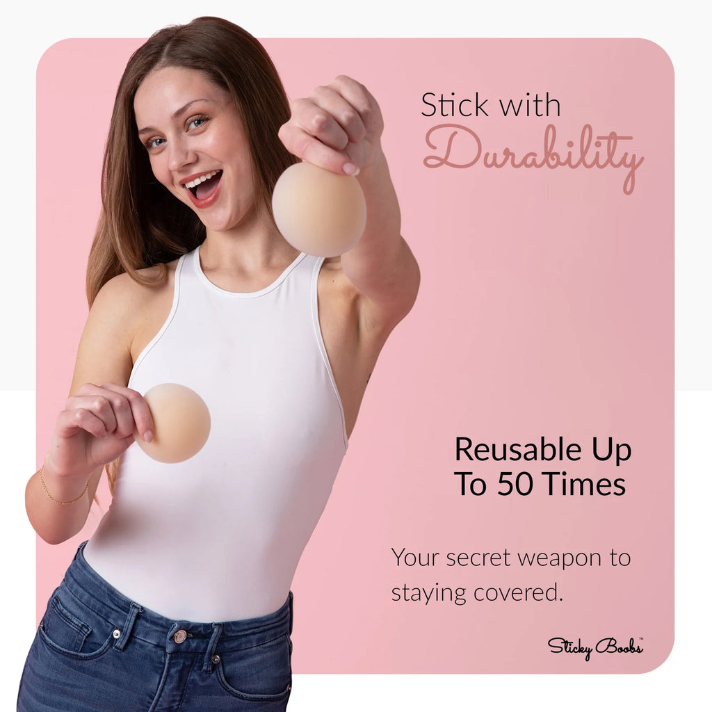 Woman holding reusable pads with text about durability and reusability on a pink background