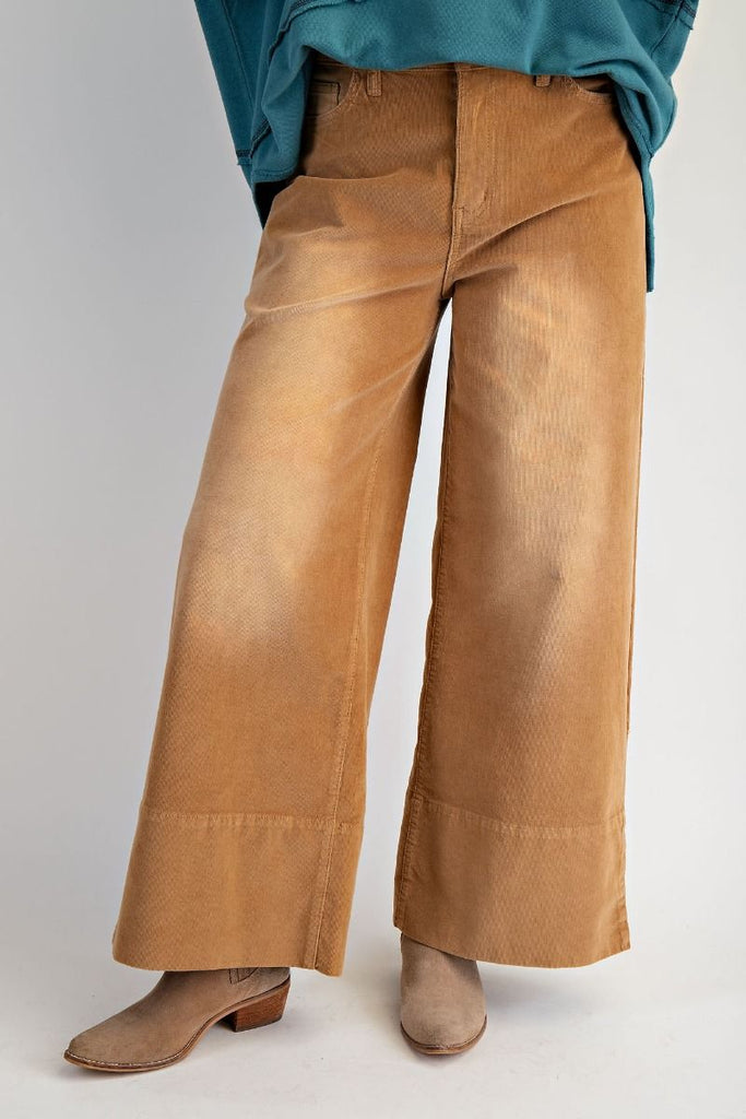 A pair of high-waisted, wide-leg pants in a camel-colored stretch corduroy fabric.