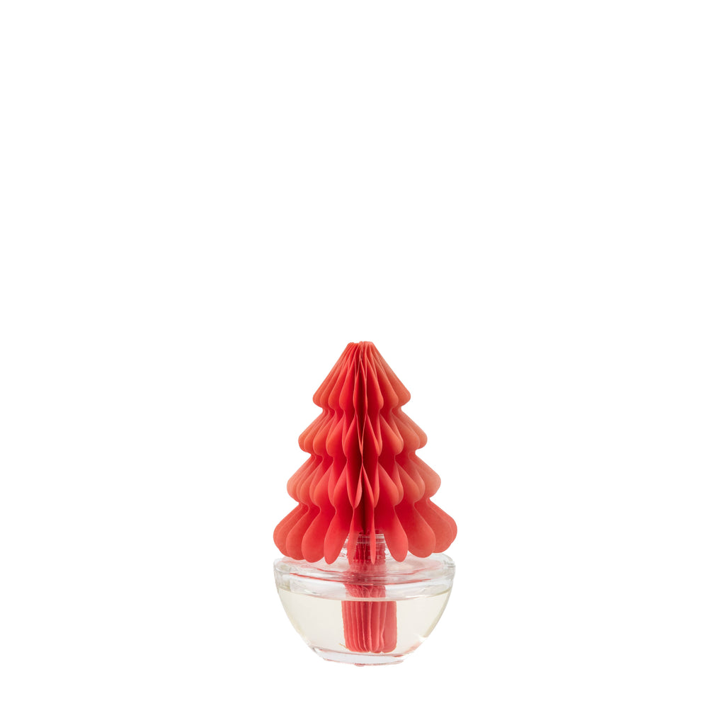 Pink honeycomb Christmas tree diffuser in clear glass base with Sweet Grace packaging.