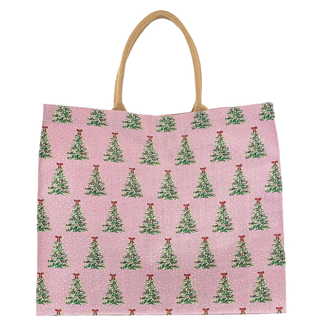 Noelle Tree Carryall Tote with pink background and repeating green Christmas tree design with red bows, reusable holiday gift bag.