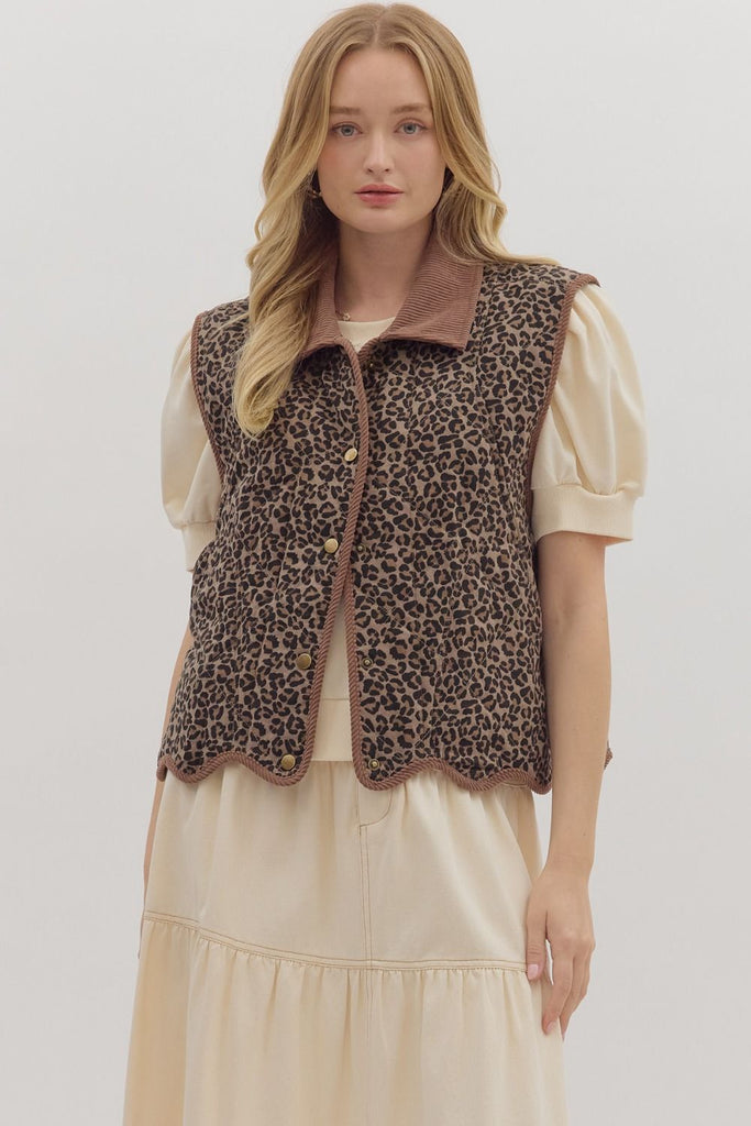 quilted animal print vest with scalloped bottom