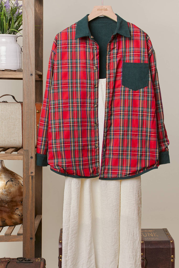 Reversible shacket with red plaid on one side and green corduroy with plaid pockets on the other.