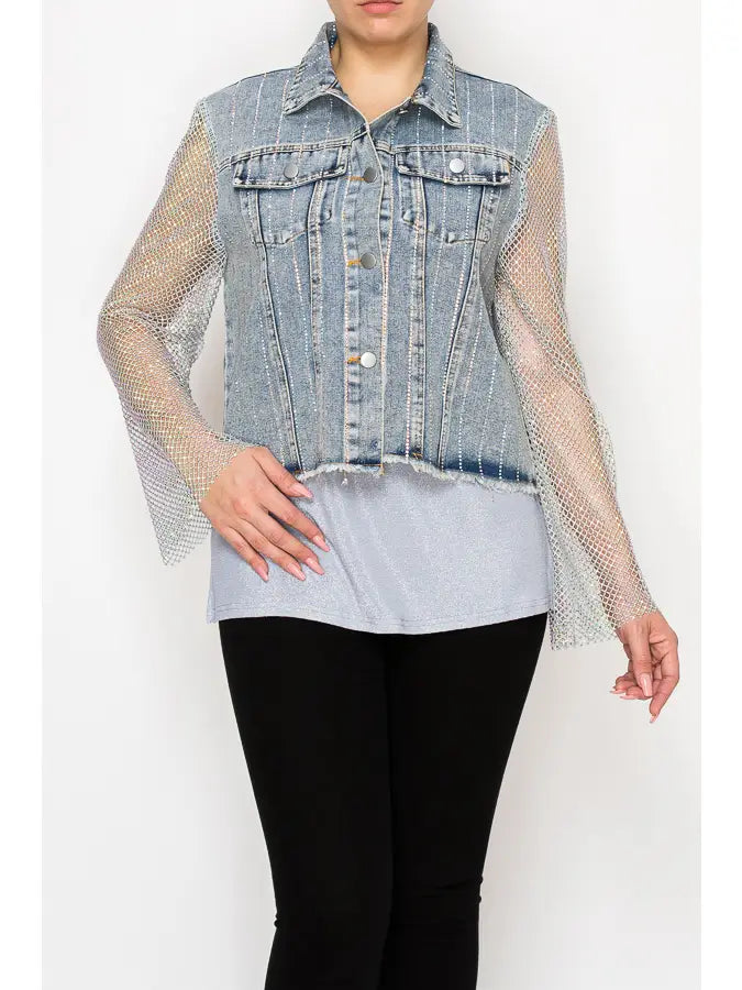 "Origami Apparel statement denim jacket with vertical rhinestone sparkle stripes, sheer mesh bell sleeves, button-front closure, and raw-edge hem — boutique edgy outerwear"