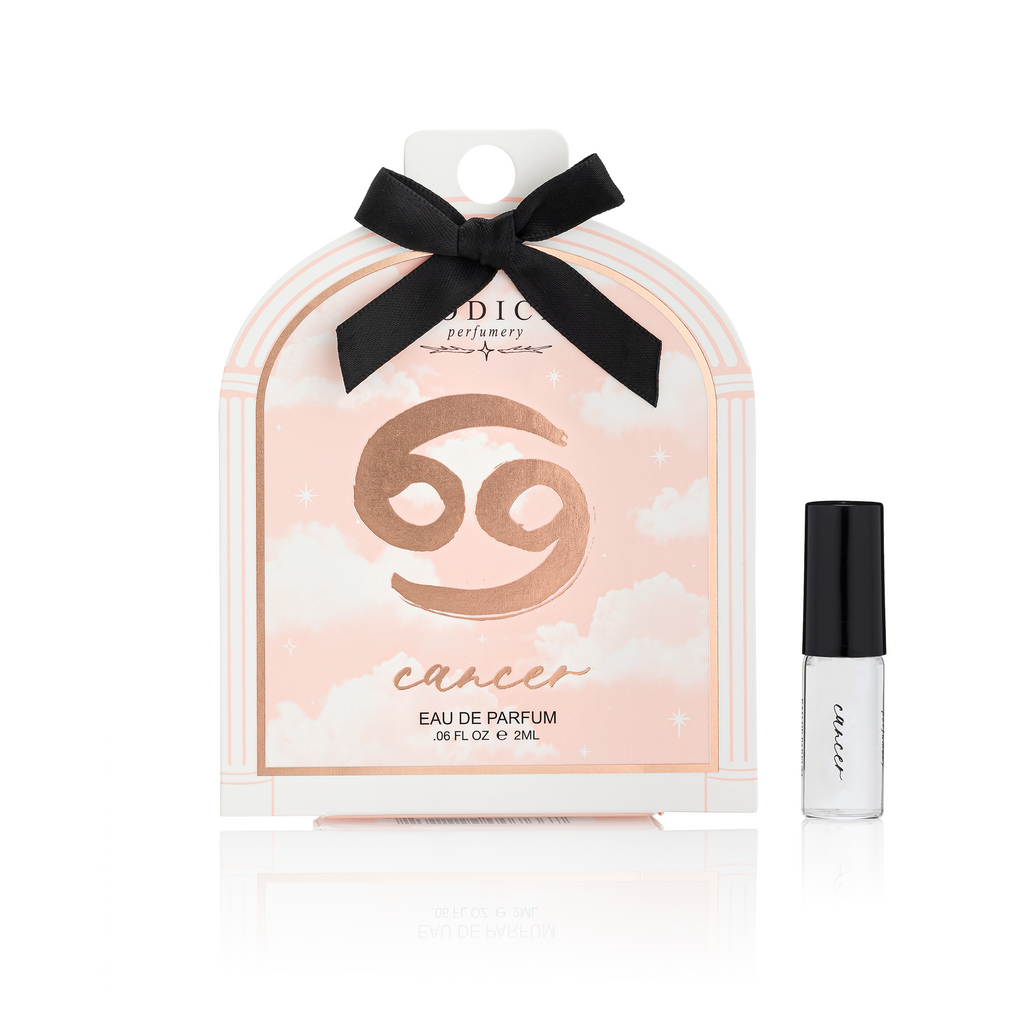 Cancer zodiac perfume set with packaging and small bottle on a white background