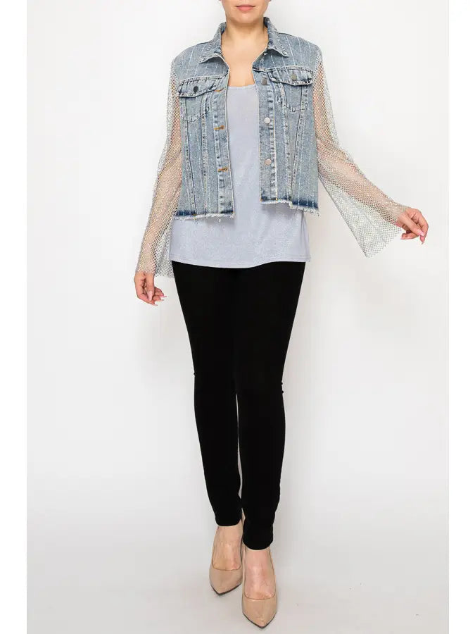 "Origami Apparel statement denim jacket with vertical rhinestone sparkle stripes, sheer mesh bell sleeves, button-front closure, and raw-edge hem — boutique edgy outerwear"