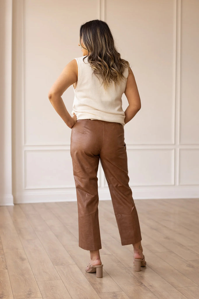 back of brown leather boutique pants
