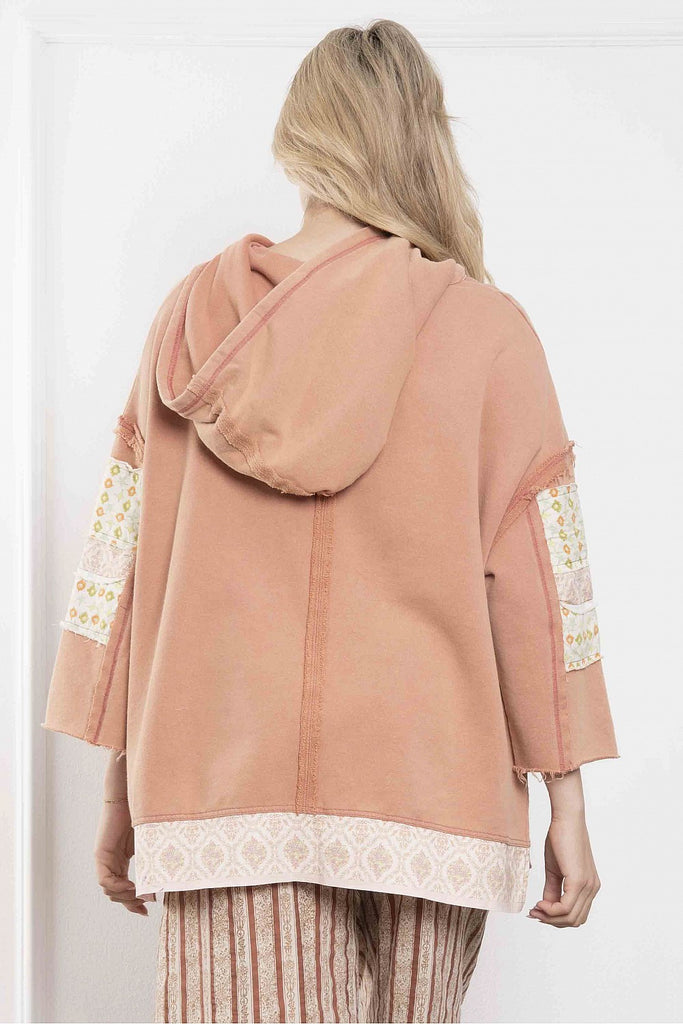 patchwork hoodie, oversized terracotta hoodie, boho pullover, 3/4 sleeve sweatshirt, lace patch top, casual fall hoodie, Emory hoodie, cozy boho style

