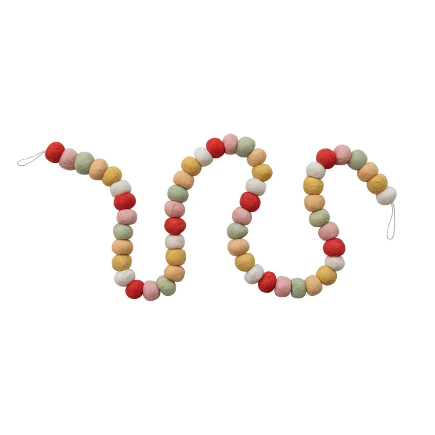 Handmade multi-color wool felt ball garland, 72" long, with red, green, yellow, pink, and white felt balls on string, displayed coiled against white background.