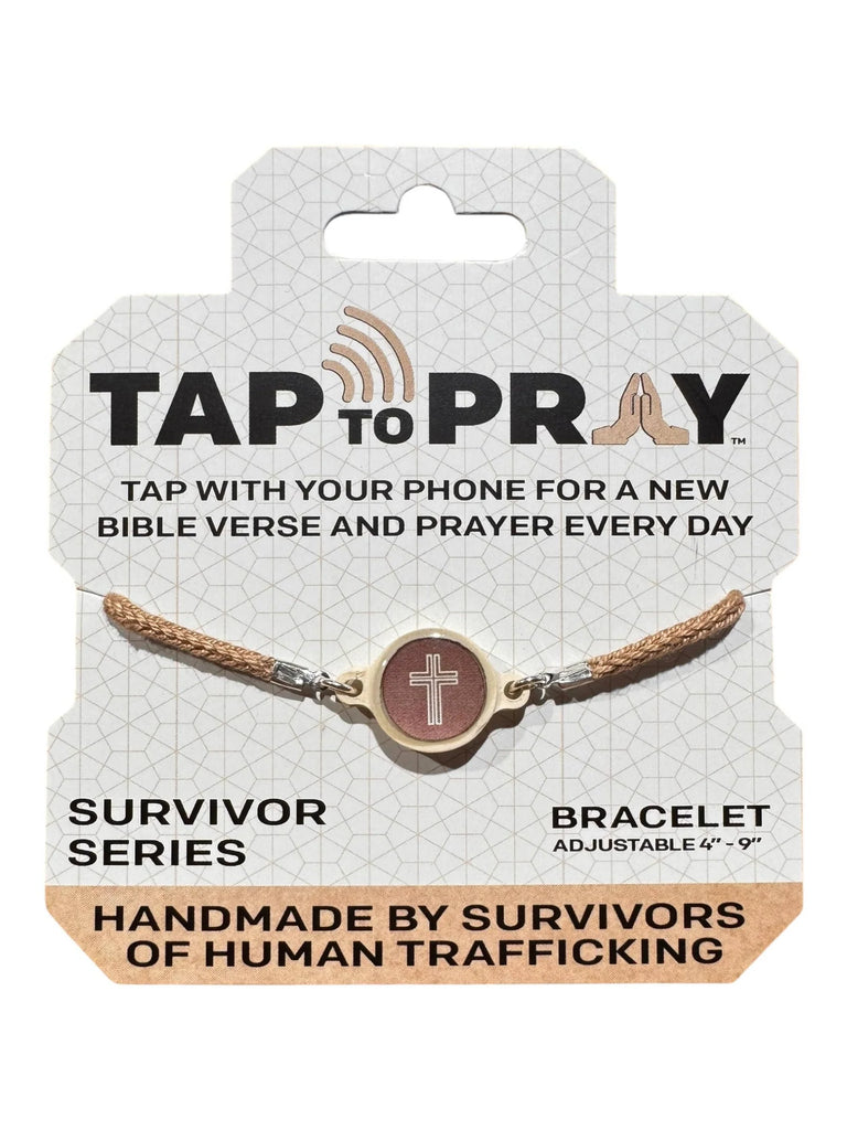 Bracelet with cross design on a 'Tap to Pray' packaging